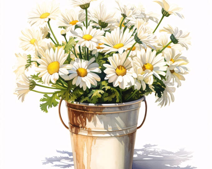 Daisies Bucket Clipart, White Flowers Images, 10 Watercolor Clip Art, Printable JPGs, Instant Download, Commercial Use, Paper craft