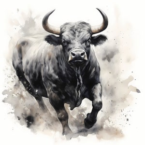 Clipart Black Bull, Obrazy Angry Bull, 10 Akwareli Clip Art, Wydrukowalne JPG, Natychmiastowe pobieranie, Użytkowanie komercyjne, Rękodzieło papierowe