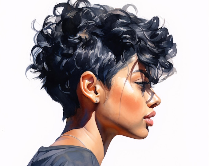 Watercolor Curly Hair Woman Clipart: Abstract Portrait JPGs (Commercial Use, Instant Download)