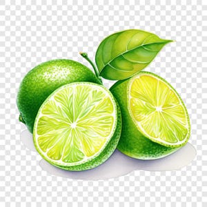 Op de afbeelding: Een verzameling verse limoenen met één hele limoen, twee gehalveerde limoenpartjes en een enkel groen blad aan een steeltje. Het fruit heeft een levendige, getextureerde groene schil en een helder, doorschijnend lichtgroen vruchtvlees.