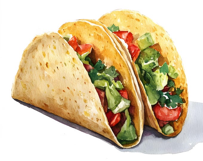 Tacos Clipart, Mexican Street Food Images, 10 Watercolor Clip Art, Printable JPGs, Instant Download, Commercial Use, Paper craft
