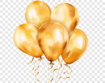 10 clipartów PNG ze złotymi balonami, obrazy dekoracji imprez, cliparty akwarelowe, natychmiastowe pobieranie, wykorzystanie komercyjne, rękodzieło papierowe