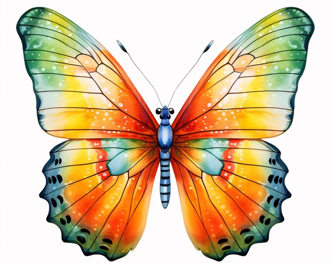 Watercolor Butterfly Clipart: Colorful Insect Wings, Printable JPGs (Commercial Use