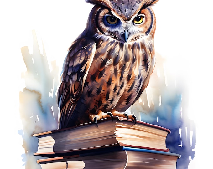 Owl On Books Clipart, Stack Of Books Images, 10 Watercolor Clip Art, Printable JPGs, Instant Download, Commercial Use, Paper craft