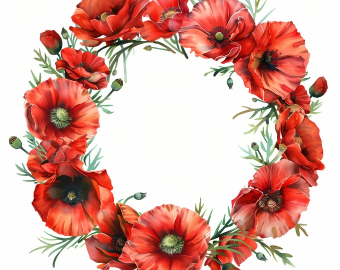Poppy Wreath Clipart, Red Poppy Flowers Images, 10 Watercolor Clip Art, Printable JPGs, Instant Download, Commercial Use, Paper craft