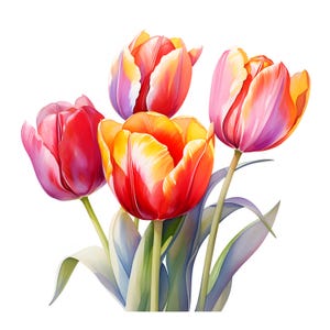 Colorful Tulips Clipart, Bouquet of Tulips Images, 10 Watercolor Clip Art, Printable JPGs, Instant Download, Commercial Use, Paper craft