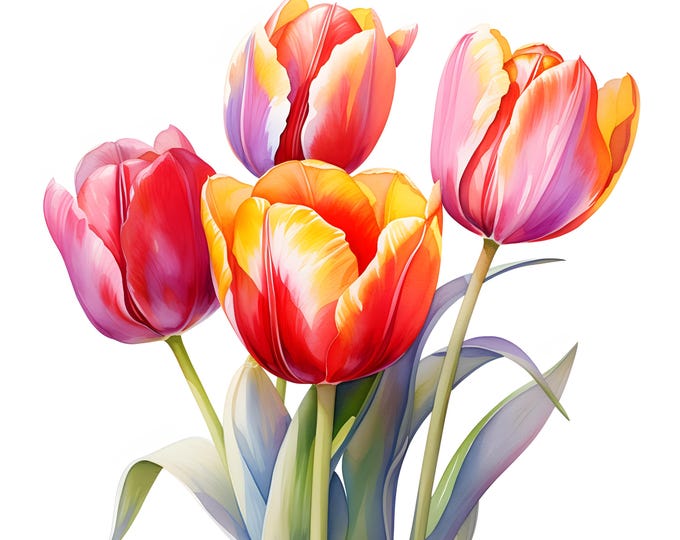 Colorful Tulips Clipart, Bouquet of Tulips Images, 10 Watercolor Clip Art, Printable JPGs, Instant Download, Commercial Use, Paper craft