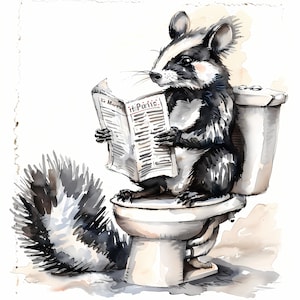 Clipart Skunk, afbeeldingen Skunk op het toilet, 10 aquarel-illustraties, afdrukbare JPG's, Instant Download, Commercieel gebruik, Papercraft