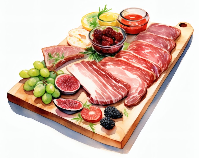 Charcuterie Board Clipart, Gourmet Food Images, 10 Watercolor Clip Art, Printable JPGs, Instant Download, Commercial Use, Paper Craft