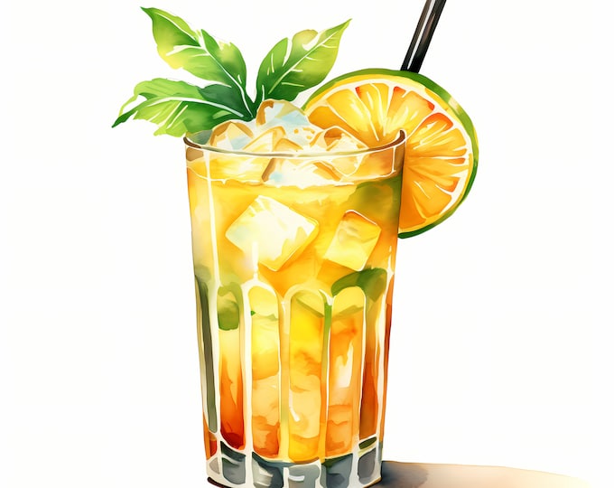 Mai Tai Clipart, Mai Tai Cocktail Images, 10 Watercolor Clip Art, Printable JPGs, Instant Download, Commercial Use, Paper craft
