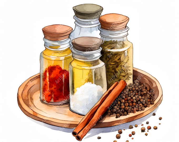 Kitchen Spices Clipart, Herbs and Spices Images, 10 Watercolor Clip Art, Printable JPGs, Instant Download, Commercial Use, Paper craft