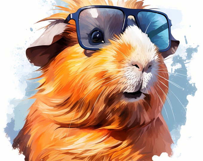 Cool Guinea Pig Clipart, Guinea Pig In Sunglasses Images, 10 Watercolor Clip Art, Printable JPGs, Instant Download, Commercial Use