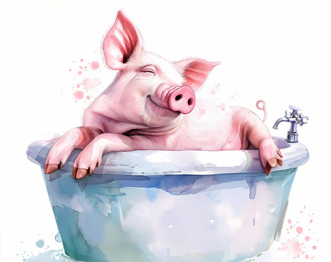 Pig in Bathtub Clipart, Piglet Washing Images, 10 Watercolor Clip Art, Printable JPGs, Instant Download, Commercial Use, Paper craft