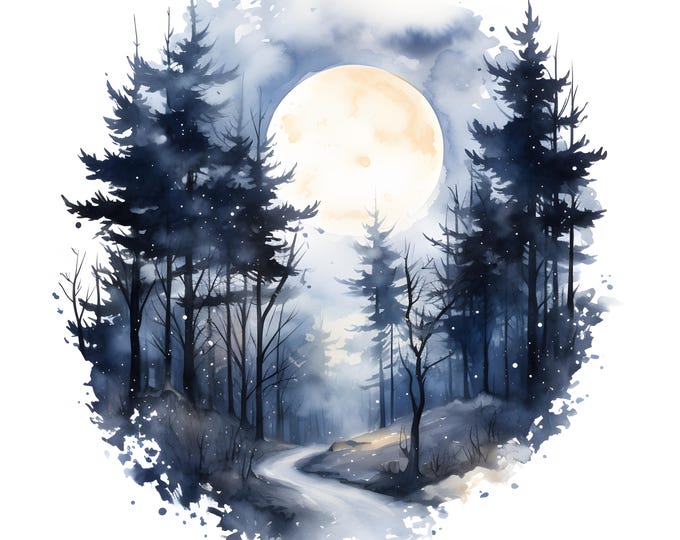 Moonlit Night Clipart, Full Moon Over Forest Images, 10 Watercolor Clip Art, Printable JPGs, Instant Download, Commercial Use, Paper craft