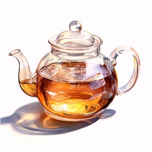Puede incluir: Una tetera de vidrio transparente llena de líquido ámbar, probablemente té, sobre una superficie blanca. La tetera tiene un cuerpo redondeado, un pico curvo y un asa. La tapa también es de vidrio, con un pequeño pomo en la parte superior. Pintura de acuarela.
