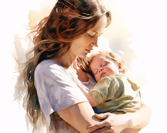 Watercolor Mother and Baby Clipart: Family Love Art (JPG Instant Download, Commercial Use
