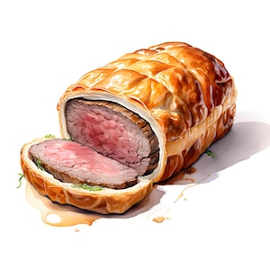 May include: A golden brown pastry filled with a juicy, pink roast beef, sliced in half, revealing the meat inside. The pastry is glistening with a sheen of oil.