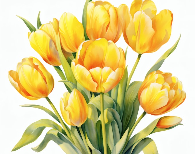 Yellow Tulips Clipart, Spring Flowers Images, 10 Watercolor Clip Art, Printable JPGs, Instant Download, Commercial Use, Paper craft