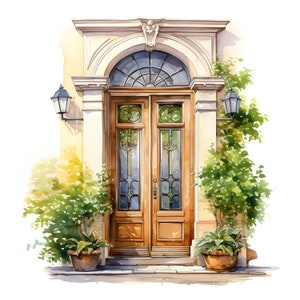 Watercolor Front Door Clipart: Old Doors Illustration (JPG Digital Download)