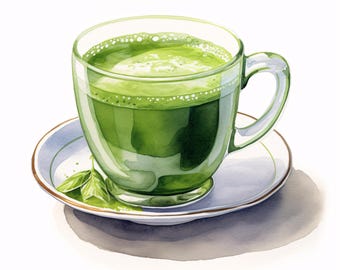 Matcha Tea Watercolor Clipart: Green Drink Art, Commercial Use JPGs (Instant Download)