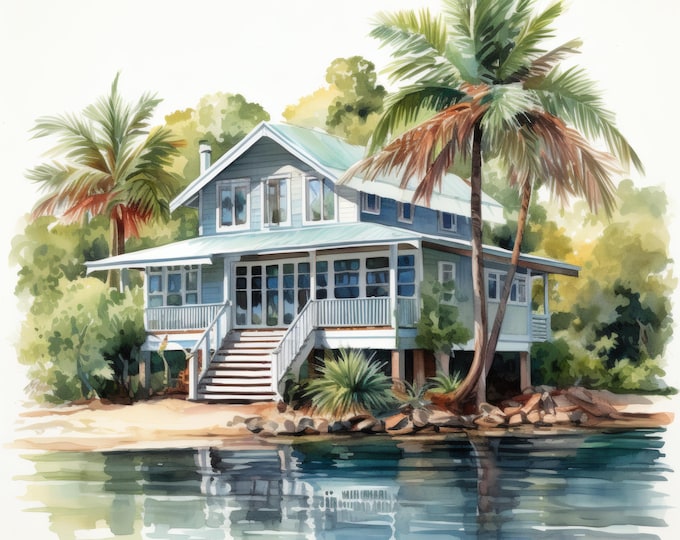 Tropical Island House Clipart, Beach Home Images, 10 Watercolor Clip Art, Printable JPGs, Instant Download, Commercial Use, Paper craft