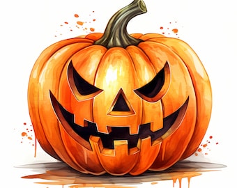 Scary Pumpkin Clipart, Halloween Pumpkins Images, 10 Watercolor Clip Art, Printable JPGs, Instant Download, Commercial Use, Paper craft