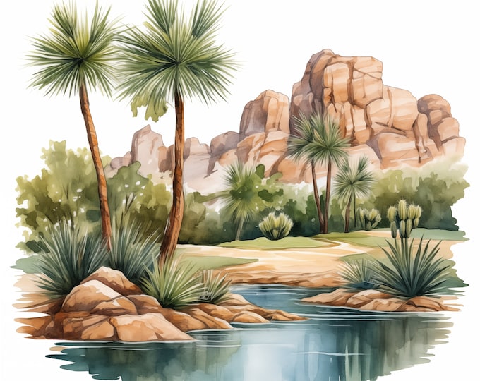 Oasis Clipart, Desert Oasis Images, 10 Watercolor Clip Art, Printable JPGs, Instant Download, Commercial Use, Paper craft