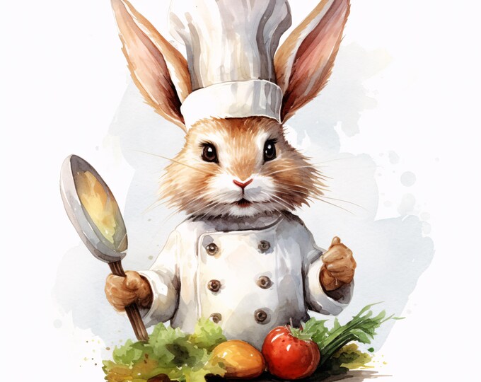 Chef Rabbit Clipart, Cute Bunny Images, 10 Watercolor Clip Art, Printable JPGs, Instant Download, Commercial Use, Paper craft