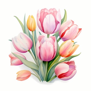 Tulips Clipart, Tulips Bouquet Images, 10 Watercolor Clip Art, Printable JPGs, Instant Download, Commercial Use, Paper craft
