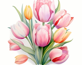 Watercolor Tulips Bouquet Clipart: Printable Floral Images (JPG, Commercial Use)