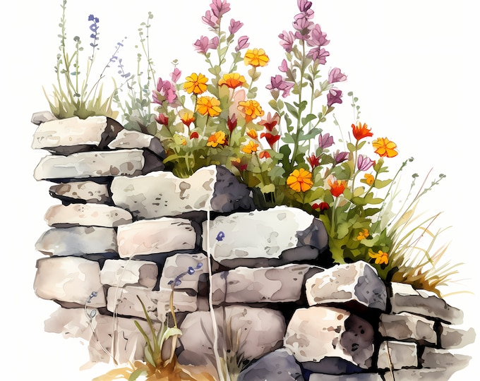 Stone Wall Clipart, Stone Wall with Wildflowers Images, 10 Watercolor Clip Art, Printable JPGs, Instant Download, Commercial Use