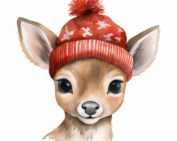 Baby Deer Clipart, Fawn in Hat Images, 10 Watercolor Clip Art, Printable JPGs, Instant Download, Commercial Use, Paper craft