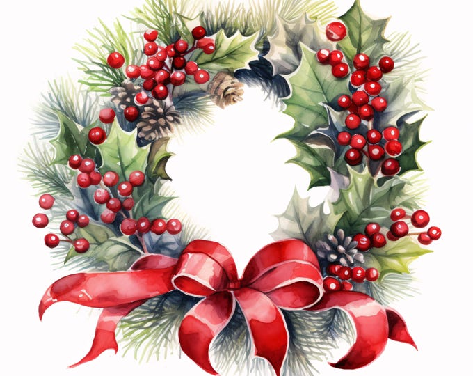 Christmas Wreath Clipart, Holiday Floral Images, 10 Watercolor Clip Art, Printable JPGs, Instant Download, Commercial Use, Paper craft