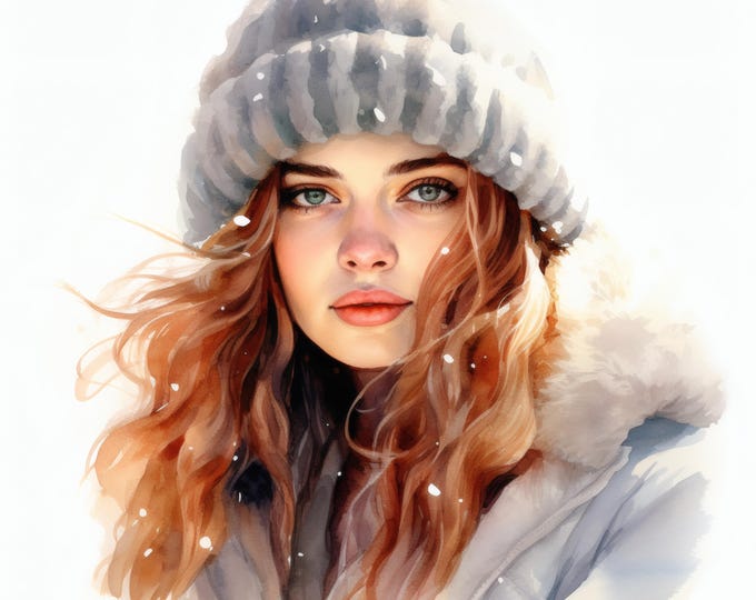 Winter Girl Clipart, Cozy Portrait Images, 10 Watercolor Clip Art, Printable JPGs, Instant Download, Commercial Use, Paper craft