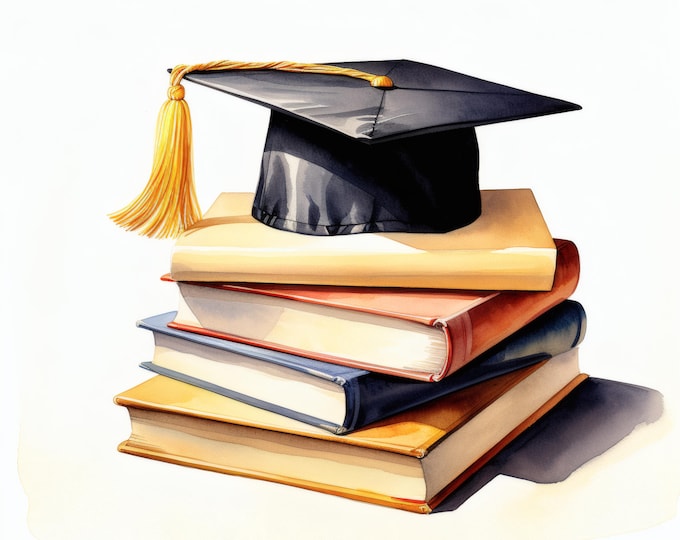 Graduation Cap Clipart, Diploma Ceremony Images, 10 Watercolor Clip Art, Printable JPGs, Instant Download, Commercial Use, Paper Craft