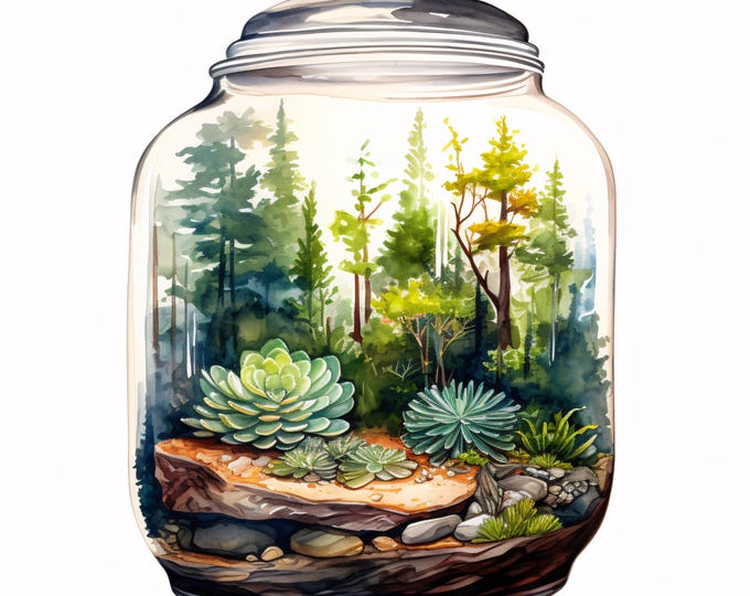 Terrarium Clipart, Green Plant Jar Images, 10 Watercolor Clip Art, Printable JPGs, Instant Download, Commercial Use, Paper craft
