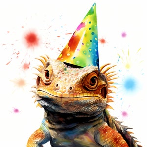 May include: A colorful lizard wearing a rainbow party hat with a white background and colorful firework-like splashes.
