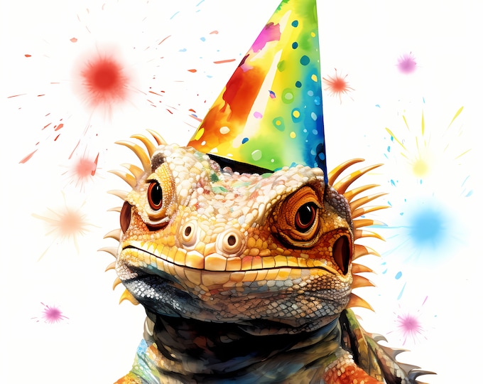 Funny Lizard Clipart, Reptile with Party Hat Images, 10 Watercolor Clip Art, Printable JPGs, Instant Download, Commercial Use, Paper craft