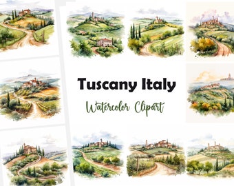Tuscany Italy Clipart, Italy Landscape Images, 15 Watercolor Clip Art, Printable JPGs, Instant Download, Commercial Use, Paper craft