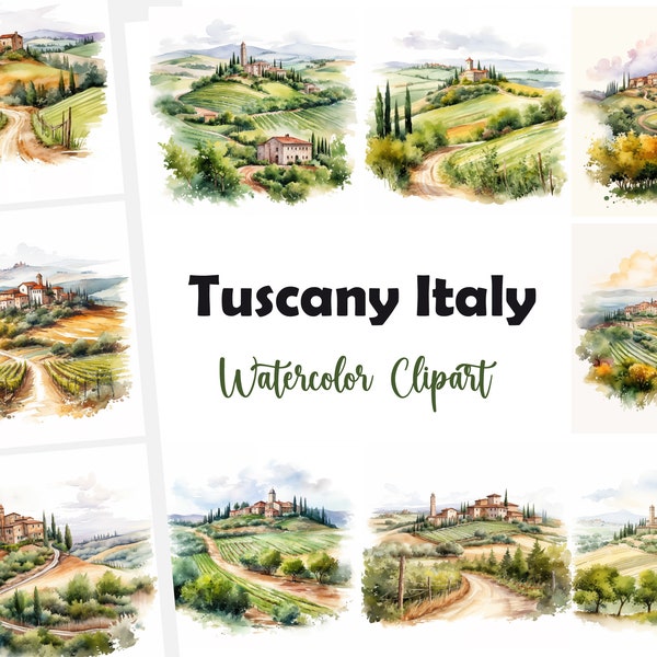 15 Toskana Italien Landschaft, Toskana Italien Clipart, Aquarell Clipart, hochwertige JPGs, digitaler Download, hohe Auflösung, kommerzielle Nutzung