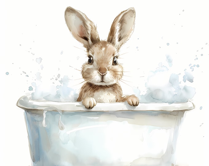 Hare in Bathtub Clipart, Hare Washing Images, 10 Watercolor Clip Art, Printable JPGs, Instant Download, Commercial Use, Paper craft