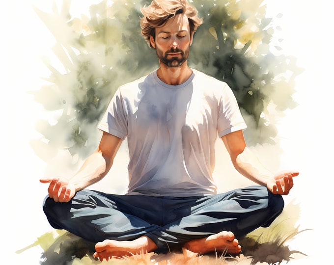 Meditation Clipart, Meditating Man, Yoga Images, 10 Watercolor Clip Art, Printable JPGs, Instant Download, Commercial Use, Paper craft