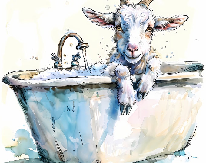 Goat in Bathtub Clipart, Goat Washing Images, 10 Watercolor Clip Art, Printable JPGs, Instant Download, Commercial Use, Paper craft