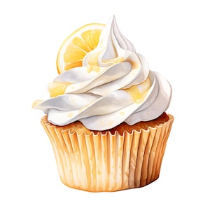 Zitrone Cupcake Clipart, Cupcake mit Zitronenscheibe, 10 Aquarell Clip Art, druckbare JPGs, Sofort Download, kommerzielle Nutzung