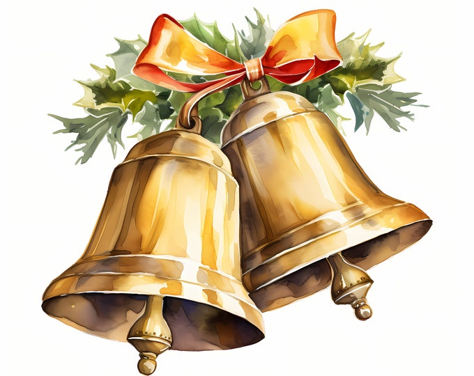 Christmas Bell Clipart, Cozy Boho Bells Images, 10 Watercolor Clip Art, Printable JPGs, Instant Download, Commercial Use, Paper craft