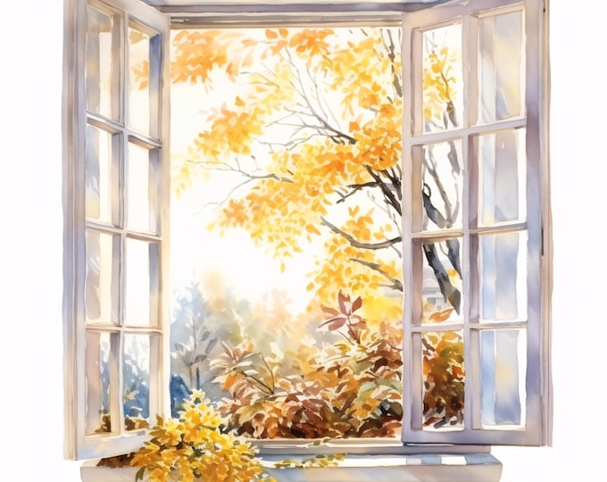 Autumn Window Clipart, Autumn Window Images, 10 Watercolor Clip Art, Printable JPGs, Instant Download, Commercial Use, Paper craft
