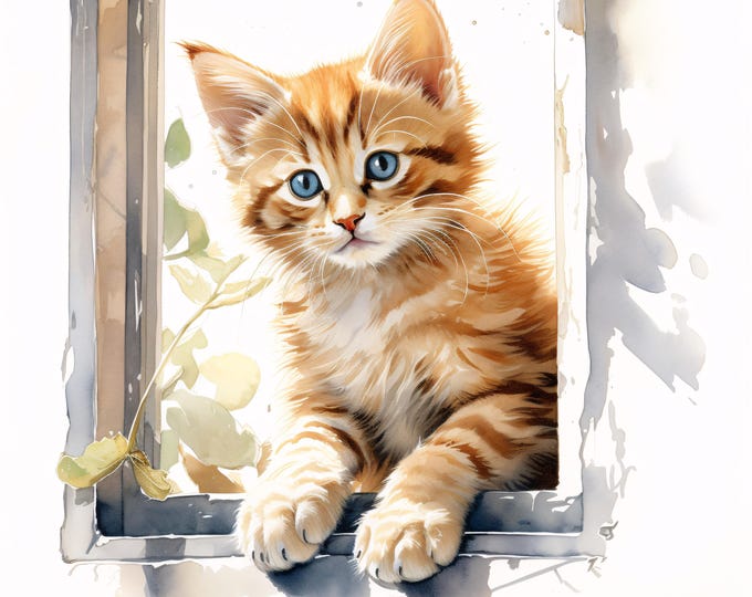 Cat at Window Clipart, Cozy Pet Images, 10 Watercolor Clip Art, Printable JPGs, Instant Download, Commercial Use, Paper craft