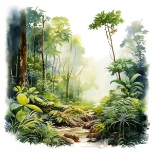Puede incluir: Una pintura de acuarela de un exuberante bosque verde con un pequeño arroyo que fluye a través de él. El arroyo está rodeado de rocas y musgo, y los árboles son altos y frondosos. La pintura está hecha en un estilo realista, con una sensación suave y de ensueño.