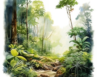 Watercolor Rainforest Clipart: Amazon Jungle Art (JPGs, Commercial Use)