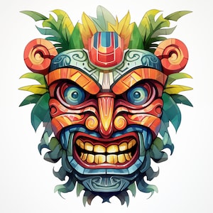Tiki Mask Clipart, Hawaiian Tiki Mask Images, 10 Watercolor Clip Art, Printable JPGs, Instant Download, Commercial Use, Paper craft